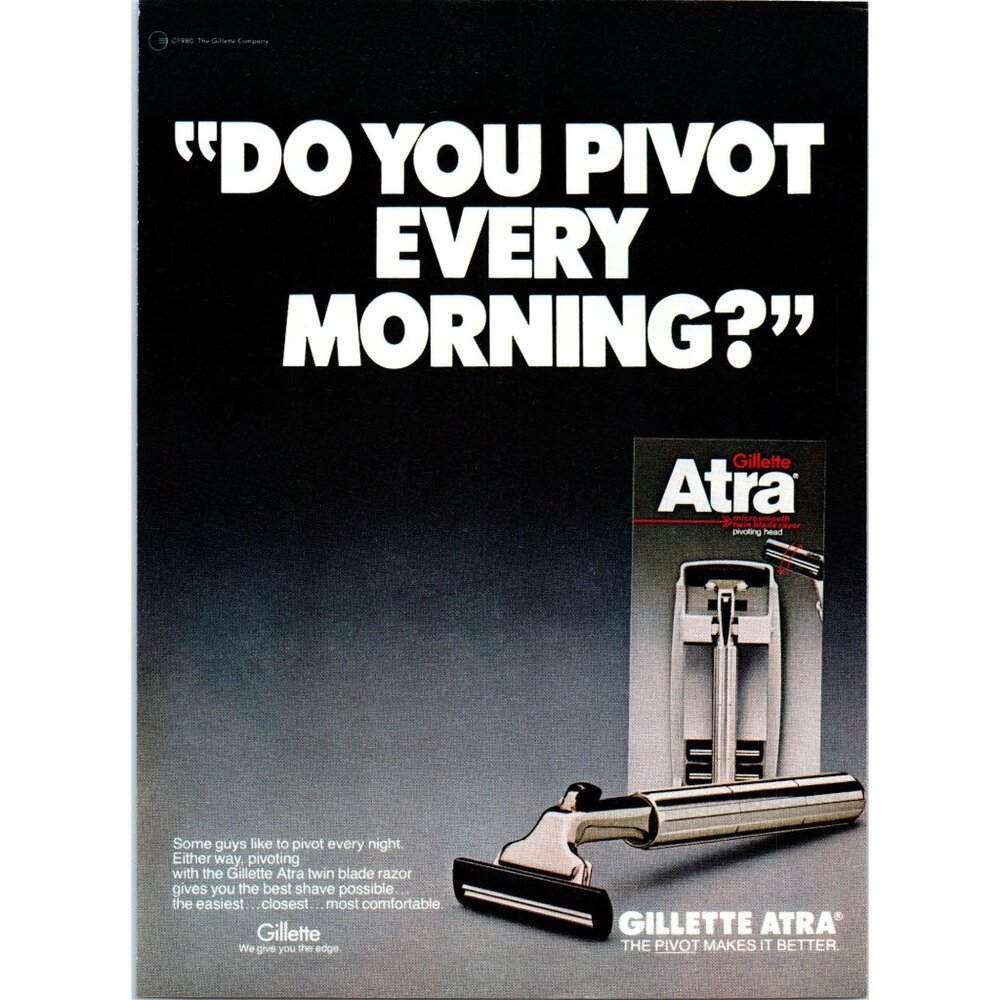 1981 Gillette Atra Pivoting Razor Vintage Print Ad Men's Grooming 80s Wall Art